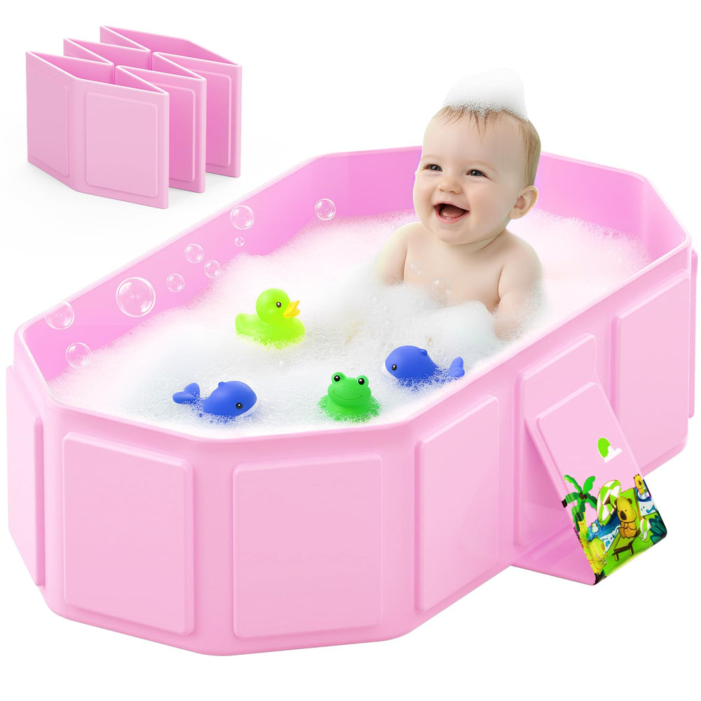 Jollcma collapsible baby bathtub pink opened for a roomy bath