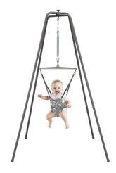 Jolly Jumper Elite grey safari frame with baby bouncing for balance practice.