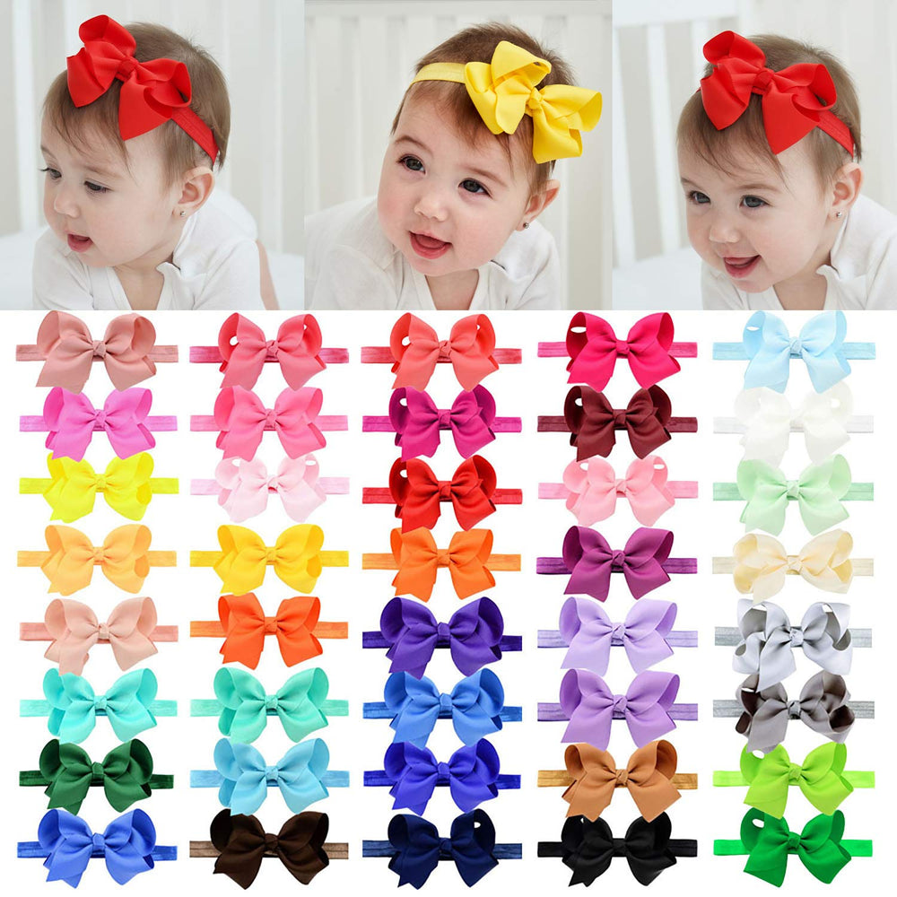 Jollybows 40pcs baby bows natural color set closeup with soft grosgrain texture for gentle styling.