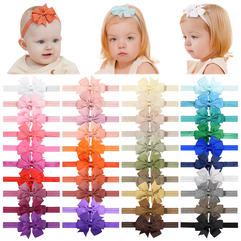 Jollybows 40pcs baby hair bows pack showcases colorful grosgrain ribbons for everyday outfits.
