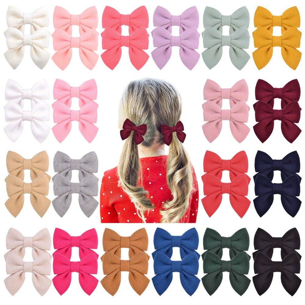 Jollybows 40pcs woolen baby bows on clips show soft comfort for toddlers.