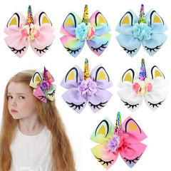 Jollybows unicorn hair bows with alligator clips in a 6-pack, ready for kid-friendly styling.