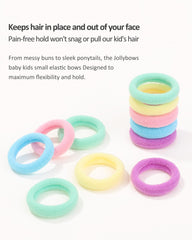 Jollybows soft seamless hair bands on hair reduce snagging while styling.