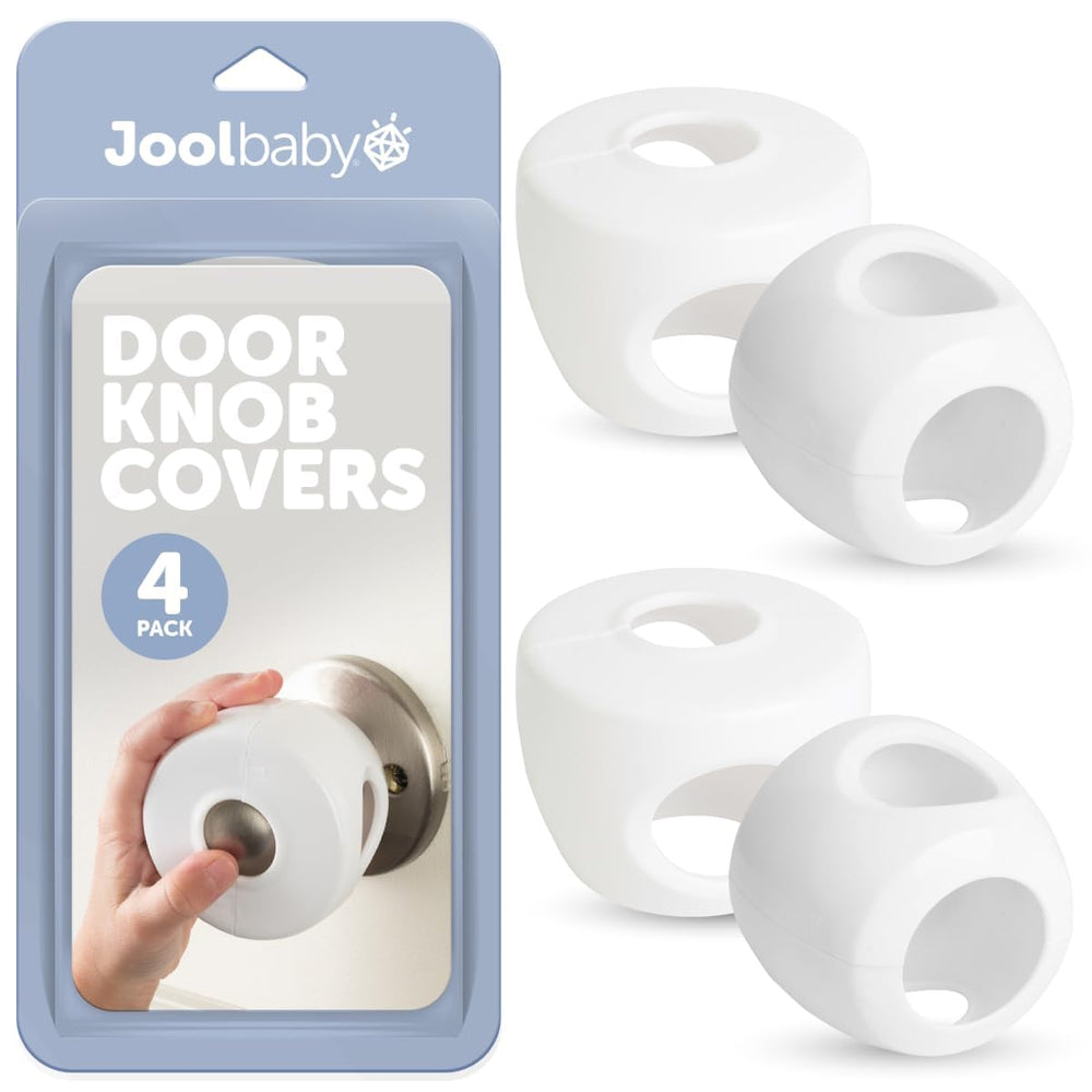 Jool Baby door knob covers pack shields kids from door access while preserving door aesthetics.