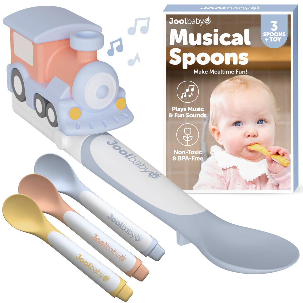 Jool Baby musical spoons 3-pack on display for engaging feeding moments.