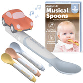 Jool Baby Musical Spoons trio with car attachment for interactive feeding.
