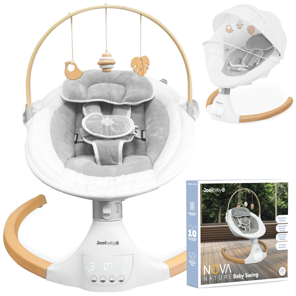 Jool Baby Nova Nature Swing gray side view demonstrates smooth side-to-side motion