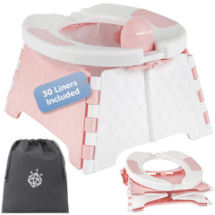 Jool Baby portable potty chair folded pink, compact car-ready for on the go parenting.