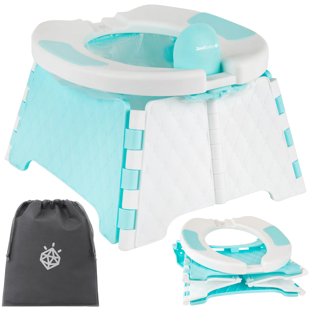 Jool Baby portable potty folded aqua for compact travel storage.