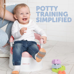 Jool Baby Potty Chair pink front view emphasizes splash guard for mess-free training.