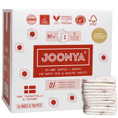 JOONYA diapers size 2 S packaging highlights compact, eco-friendly option for overnight sleep