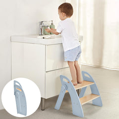 Joothlin wooden 2-step stool folded for compact storage and quick setup