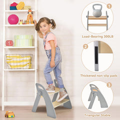 Joothlin wooden 2-step stool used as potty-training aid and bathroom helper for kids.