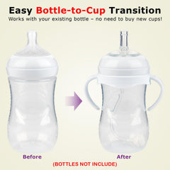Joyfeed soft nipple close-up demonstrates gentle gum contact for baby-friendly sipping