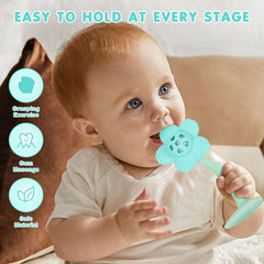 Joyfulia Sunnyflower teether suction base grips flat surfaces for hands-free play.