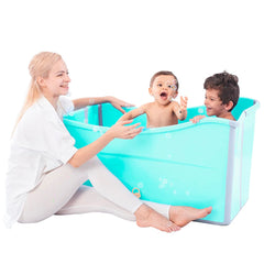 Joyingbaby large foldable bathtub folded for compact storage and easy stowaway.