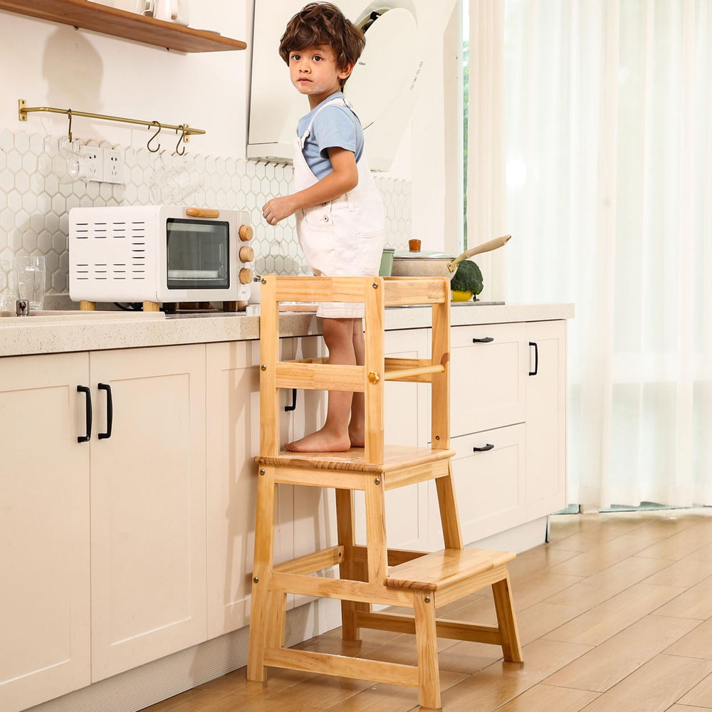 Joylico kitchen step stool natural front view shows sturdy wood for toddler reach