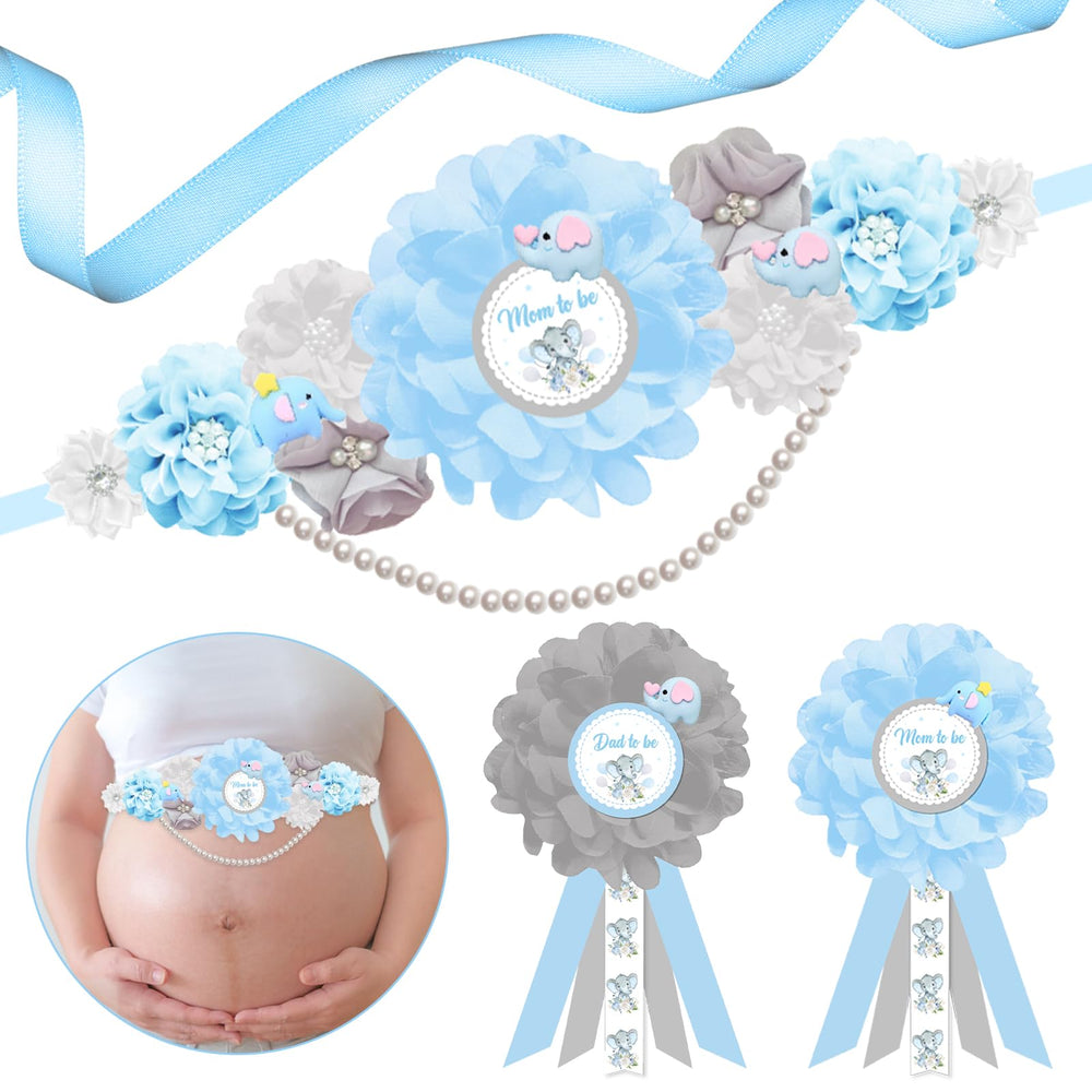 JOYMEMO blue elephant maternity sash with fabric flowers for festive baby shower photos