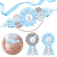 JOYMEMO blue elephant maternity sash with fabric flowers for festive baby shower photos