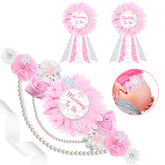 JOYMEMO pink winter snowflake maternity sash showcases elegant baby shower decor for mom-to-be