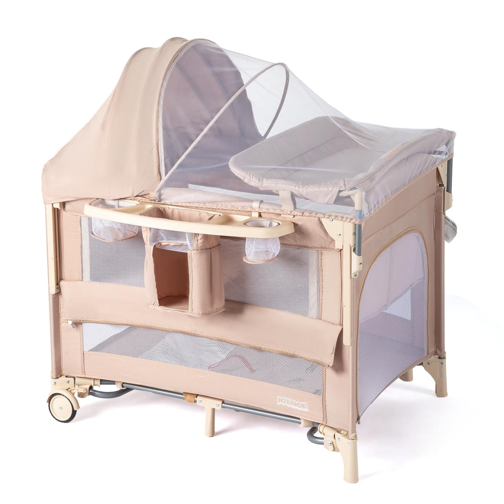 JOYMOR 9-in-1 bedside bassinet setup shows multi-mode design for easy nightly care.