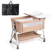 Joymor baby bassinet beige bedside-attachment for convenient nighttime care.
