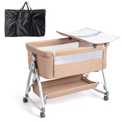 Joymor baby bassinet beige bedside-attachment for convenient nighttime care.