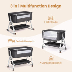 JOYMOR bedside bassinet attachment aligns with bed height for convenient nighttime care.