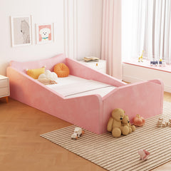 JOYMOR toddler floor bed pink guardrail provides a safe sleep space for early independence.