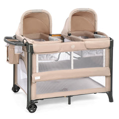 JOYMOR twin bassinet beige bedside setup with dual sleeping spaces for twins.