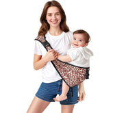 JOYNCLEON leopard sling front view shows ergonomic seating and soft fabric