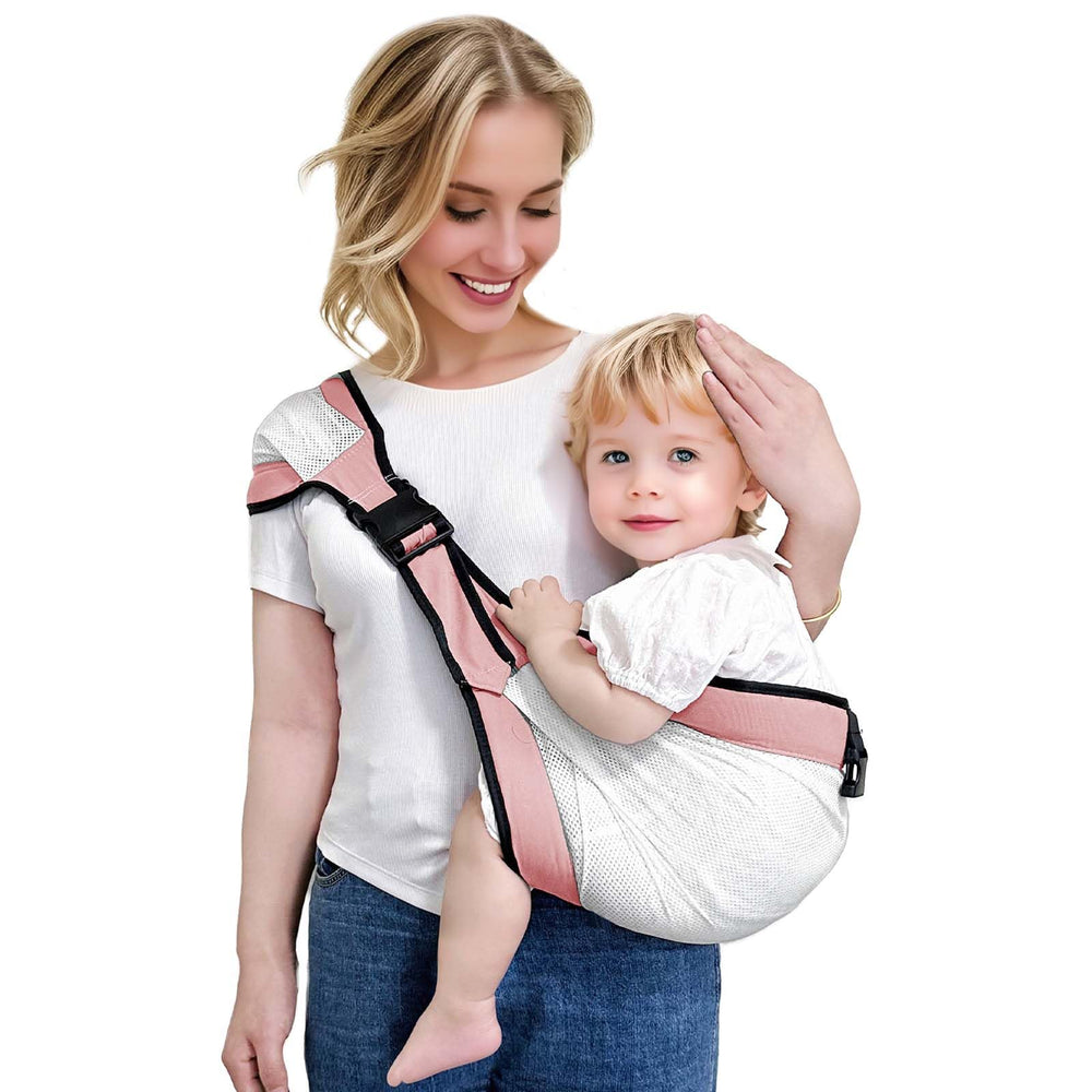 JOYNCLEON baby sling mesh pink front view for hands-free bonding during errands.