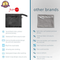 Joyo roy small wet bag in black fabric closeup shows discreet design.