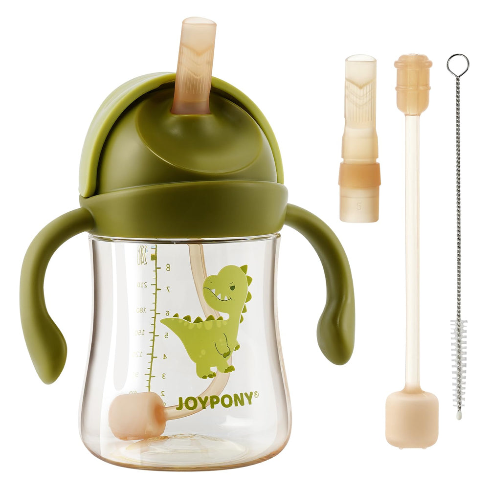 Joypony dinosaur cup green with lid closed demonstrates the secure, spill-free design.