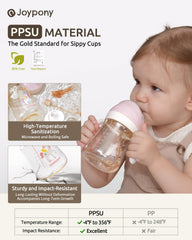 Joypony Sippy Cup pink no-spill design supports mess-free meals on the go.