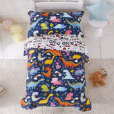 Joyreap dinosaur bedding set full view on a toddler bed for cozy bedtime