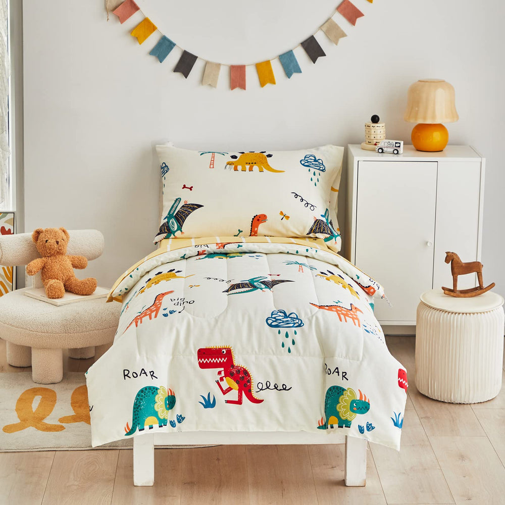 Joyreap dinosaur bedding set packshot showing soft 100% cotton fabric for cozy nights