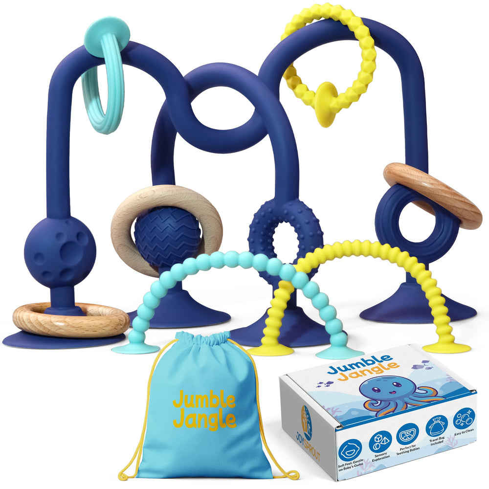 JoySprout Jumble Jangle highchair suction toy securely grips the tray for busy mealtimes.