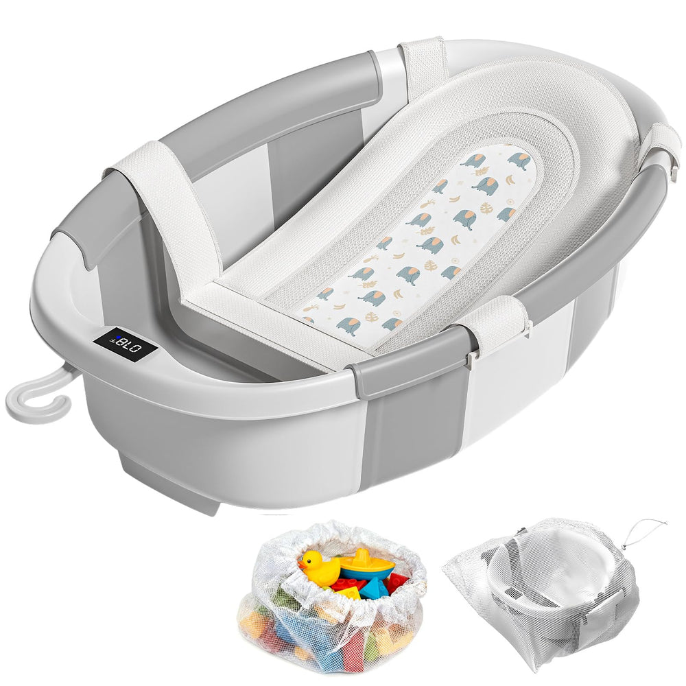 JoyYum collapsible baby bathtub folded for compact storage and simple hanging drying.