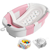 JoyYum collapsible baby bathtub in pink folded for compact storage and portability.