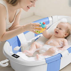 JoyYum collapsible baby bathtub-temperature-sensor highlights temperature readout for comfortable bath times.