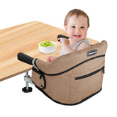 JOZZVE Hook On High Chair clip-on setup demonstrating secure attachment for on-table dining.