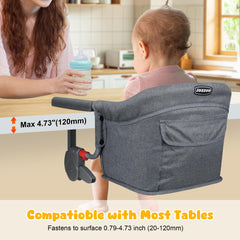 JOZZVE Hook On High Chair table-compatibility for versatile on-table dining across surfaces.