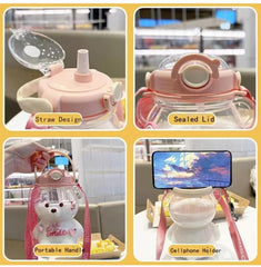 JRIQH Kawaii Bear Bottle pink detachable strap enables hands-free carrying.