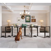 JSB dog gate opened wide to cover a hallway for pet safety.
