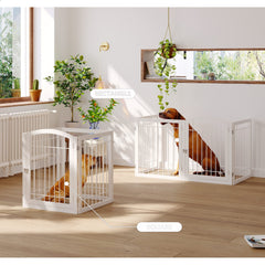 JSB freestanding pet gate in white placed in a hallway for safety