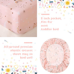 JSD Pink Unicorn fitted sheet with 8-inch pocket elastic to stay secure on a toddler bed