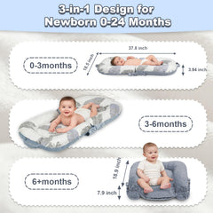 JSTPRO Baby Lounger 3-in-1 steps illustrates newborn to toddler growth support.