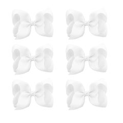 JUCCPUL 6pcs hair bows close-up shows white grosgrain ribbons with secure clips for tidy hairstyles.