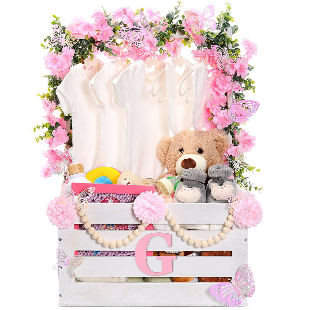Juexica wooden baby shower crate in white with handle for easy transport and decoration.